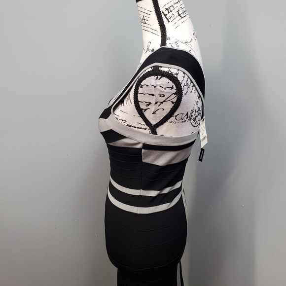 Express Bodycon Knitted Dress Womens Small Black Gray Striped Stretch Cross Back - Picture 5 of 6